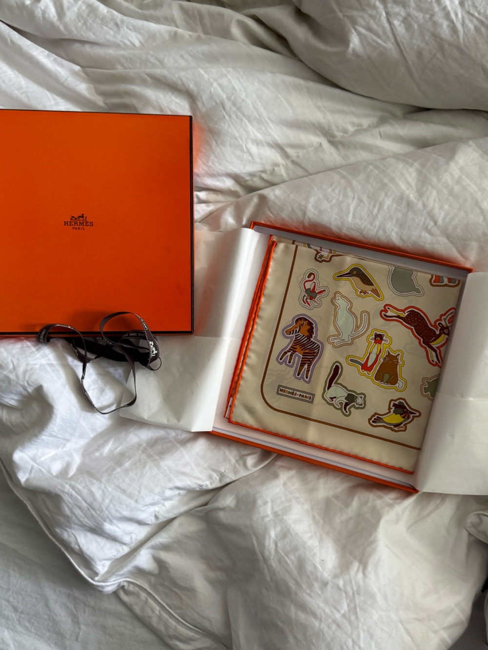 Hermes Beige & Orange Caracterstick Detail Silk Scarf